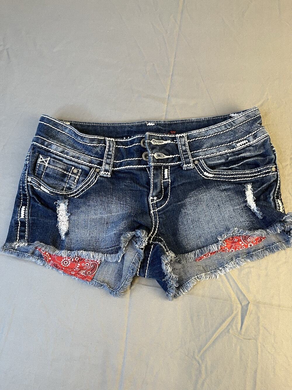 Almost Famous Micro Mini Shorts Juniors 1 Blue Cut Off Distressed Bandana Pocket